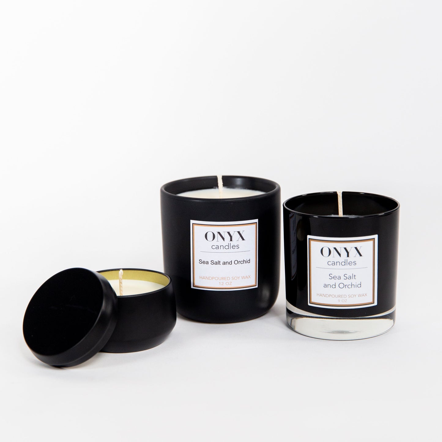 4 oz matte black tin, 12 oz matte black ceramic jar, and 9 oz black glass jar (pictured left to right)