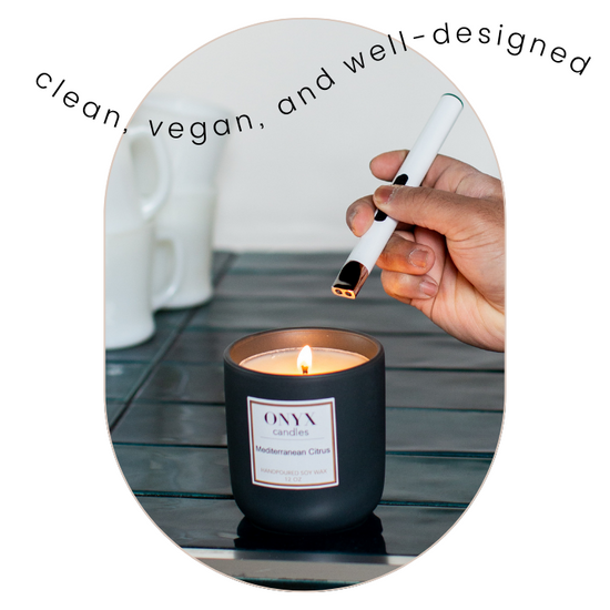 Onyx Candles clean, vegan, and well-designed. Hand lighting a candle.