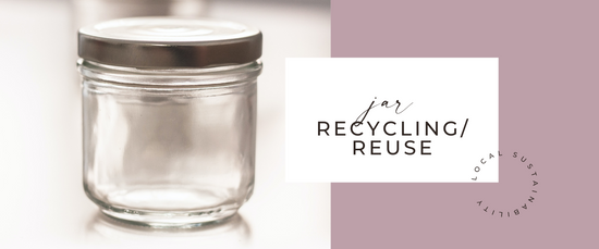 Onyx Candles Jar Recycling Reuse Image Banner. Empty jar with Local Sustainability text.