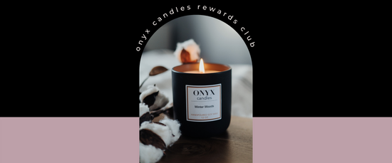 Onyx Candles Rewards Club text. Winter Woods candle with cotton plant