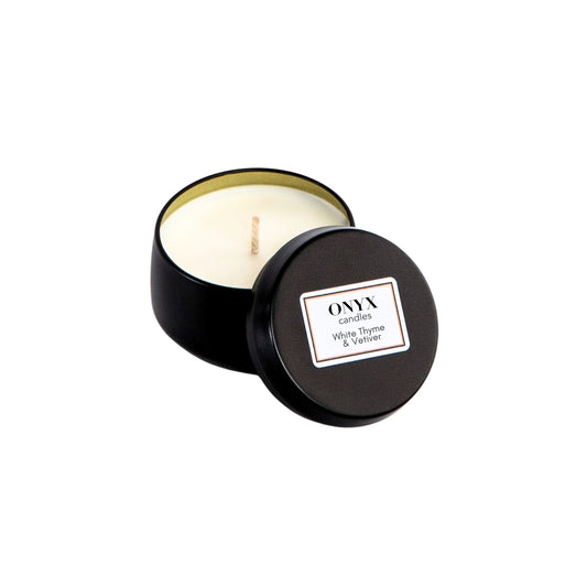 White Thyme Vetiver 4 oz matte black tin candle