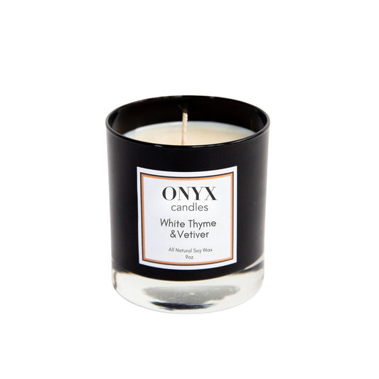 9 oz black glass jar option for White Thyme and Vetiver scented candle