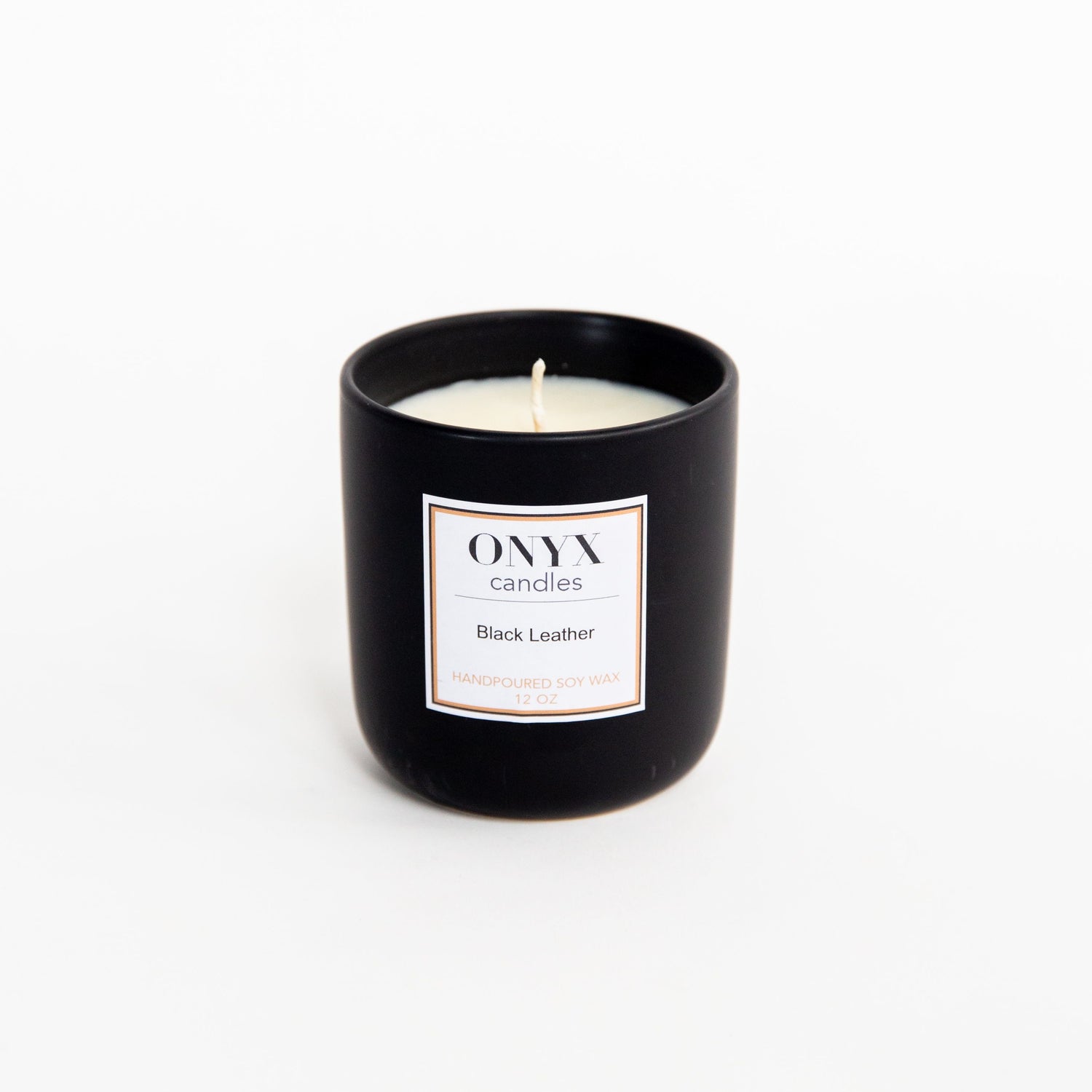Pictured here is the 12 oz matte black ceramic candle, in the scent of Black Leather