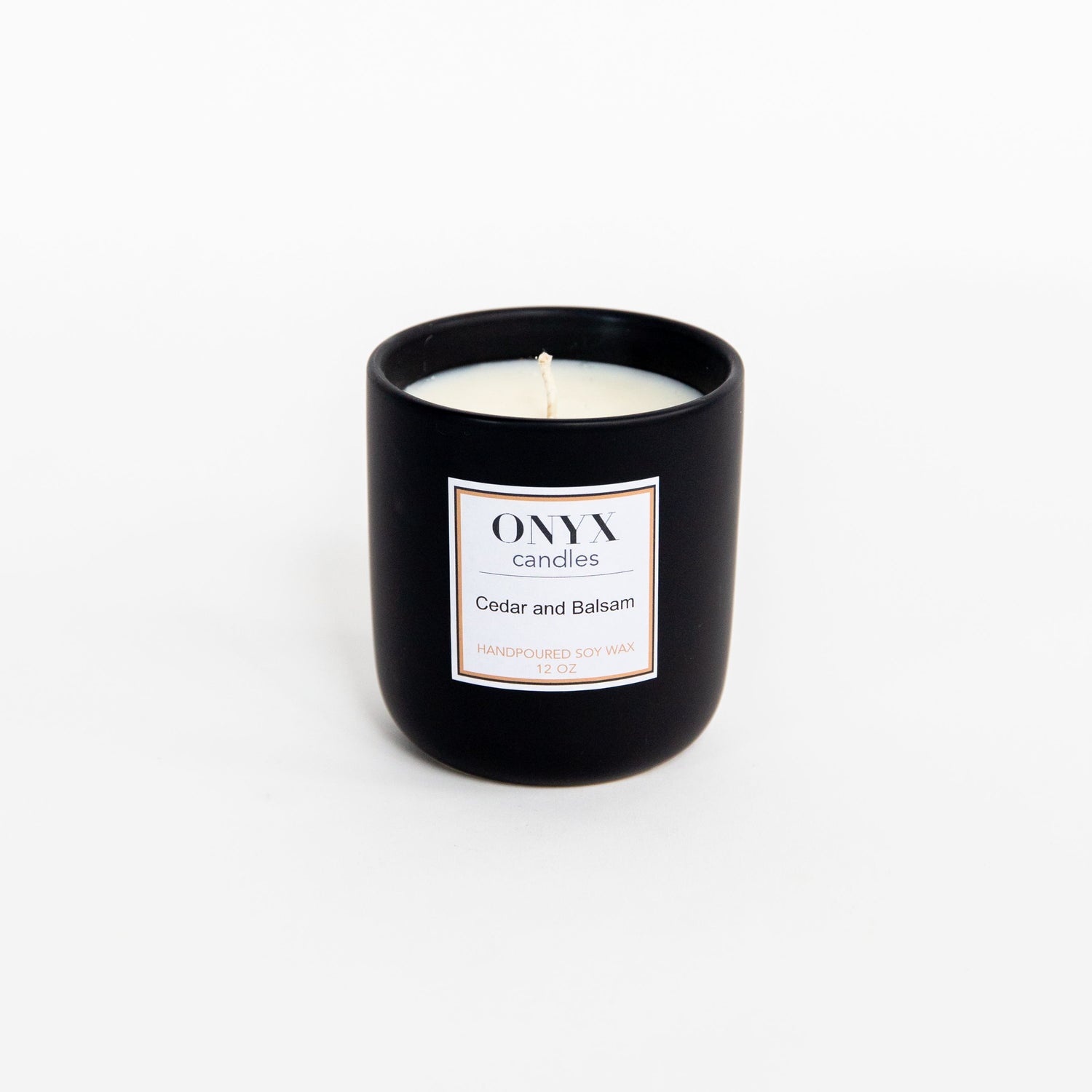 12 oz matte black ceramic candle, Cedar and Balsam scented