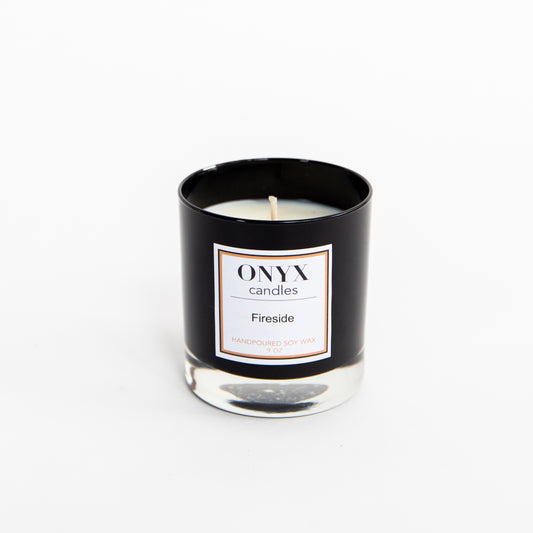 Pictured here is the 9 oz black glass jar option for the Fireside scented candle