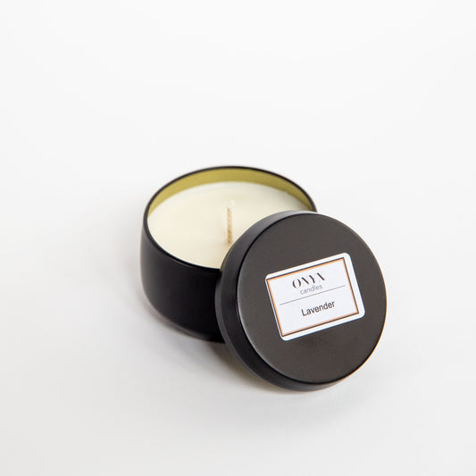 Lavender scented candle in a 4 oz matte black tin