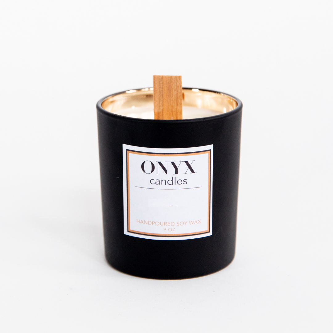 9 oz matte black jar option for Onyx candles signature scent, featuring a gold interior and wooden wick