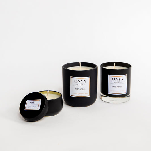 Three size options for the Onyx candles scent of Rich Amber